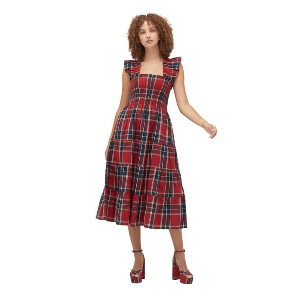 New! HILL HOUSE Ellie Nap Plaid Midi Dress in Red Tartan - Picture 4 of 12